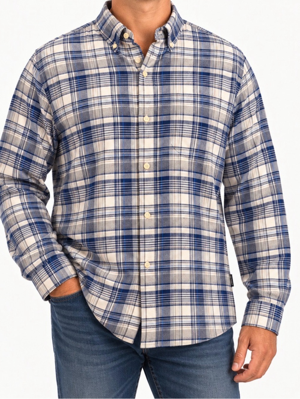 Chaps Blue and White Plaid Button-Down Long Sleeve Shirt XL